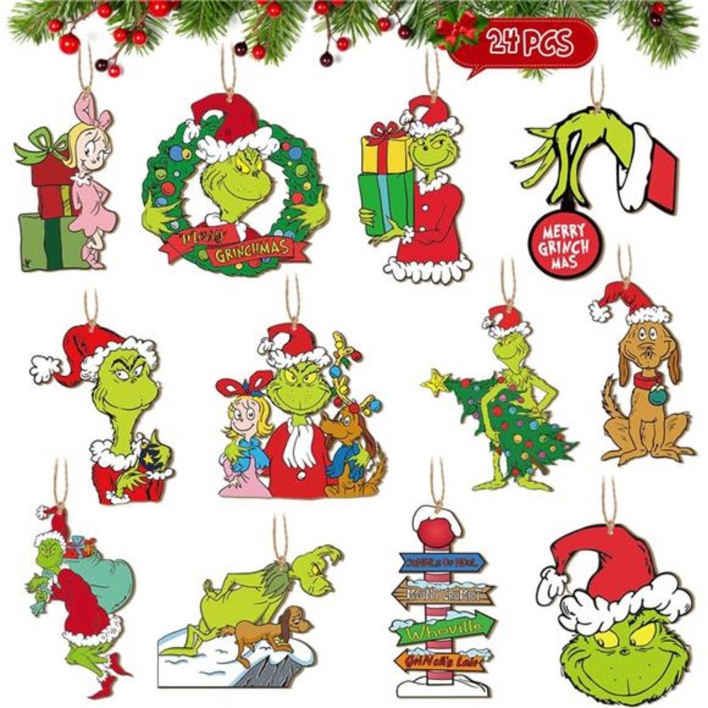 24pcs Christmas Grinchs Wooden Hanging Ornaments,Grinchs Wood Ornaments for XMAS
